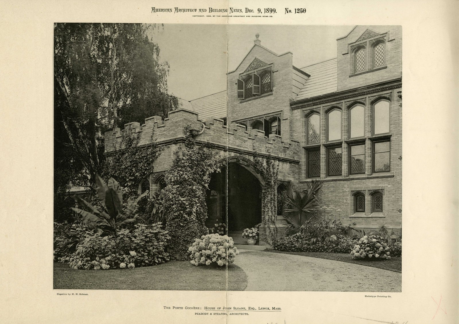 “AMERICAN ARCHITECT AND BUILDING NEWS, Dec. 9, 1899. No. 1250.” Plate caption: “The Porte Cochère: House of John Sloane, Esq., Lenox, Mass. Peabody & Stearns, Architects.” Negative by H. H. Sidman; Heliotype Printing Co.