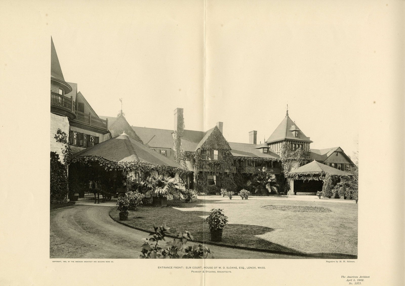 “ENTRANCE FRONT: ELM COURT, HOUSE OF W. D. SLOANE, ESQ., LENOX, MASS. Peabody & Stearns, Architects.” Copyright 1902 by the American Architect and Building News Co.