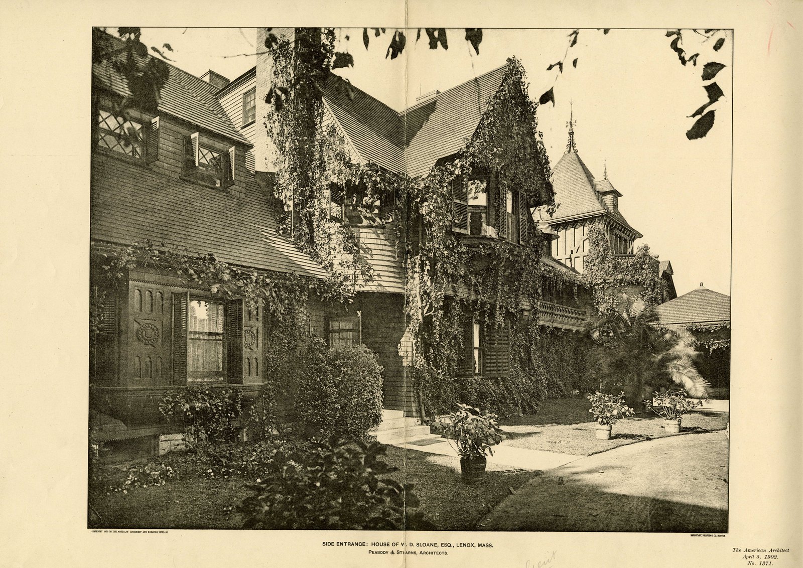 “SIDE ENTRANCE: HOUSE OF W. D. SLOANE, ESQ., LENOX, MASS. Peabody & Stearns, Architects.” Copyright 1902.