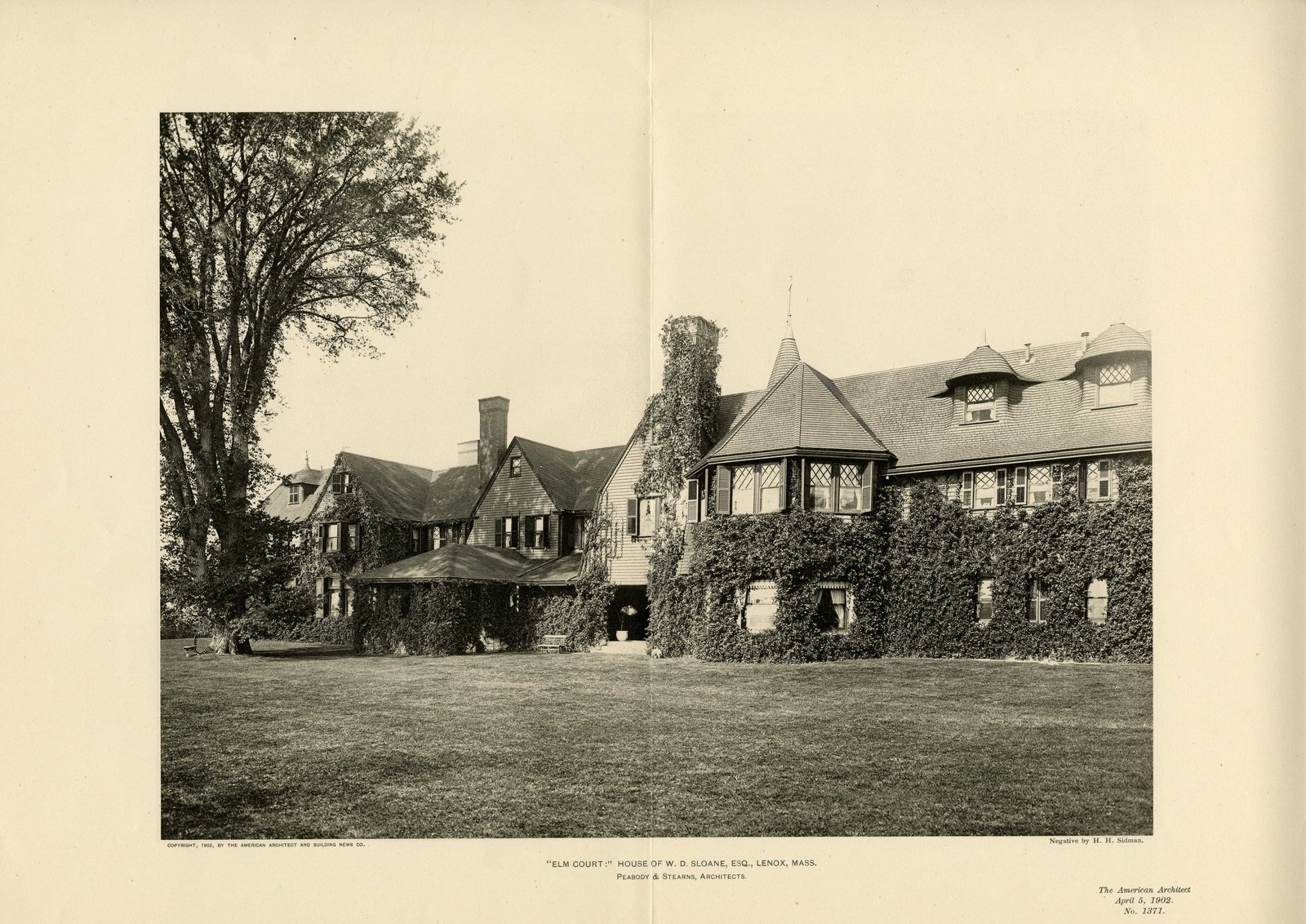 “‘ELM COURT:’ HOUSE OF W. D. SLOANE, ESQ., LENOX, MASS. Peabody & Stearns, Architects.” <cite>The American Architect</cite>, April 5, 1902, No. 1371. Negative by H. H. Sidman.