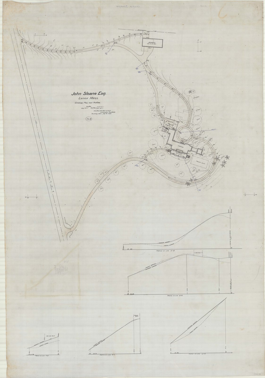 Study of a length of drive with its cross-sections drawn below. Olmsted job 01346, plan 12.
