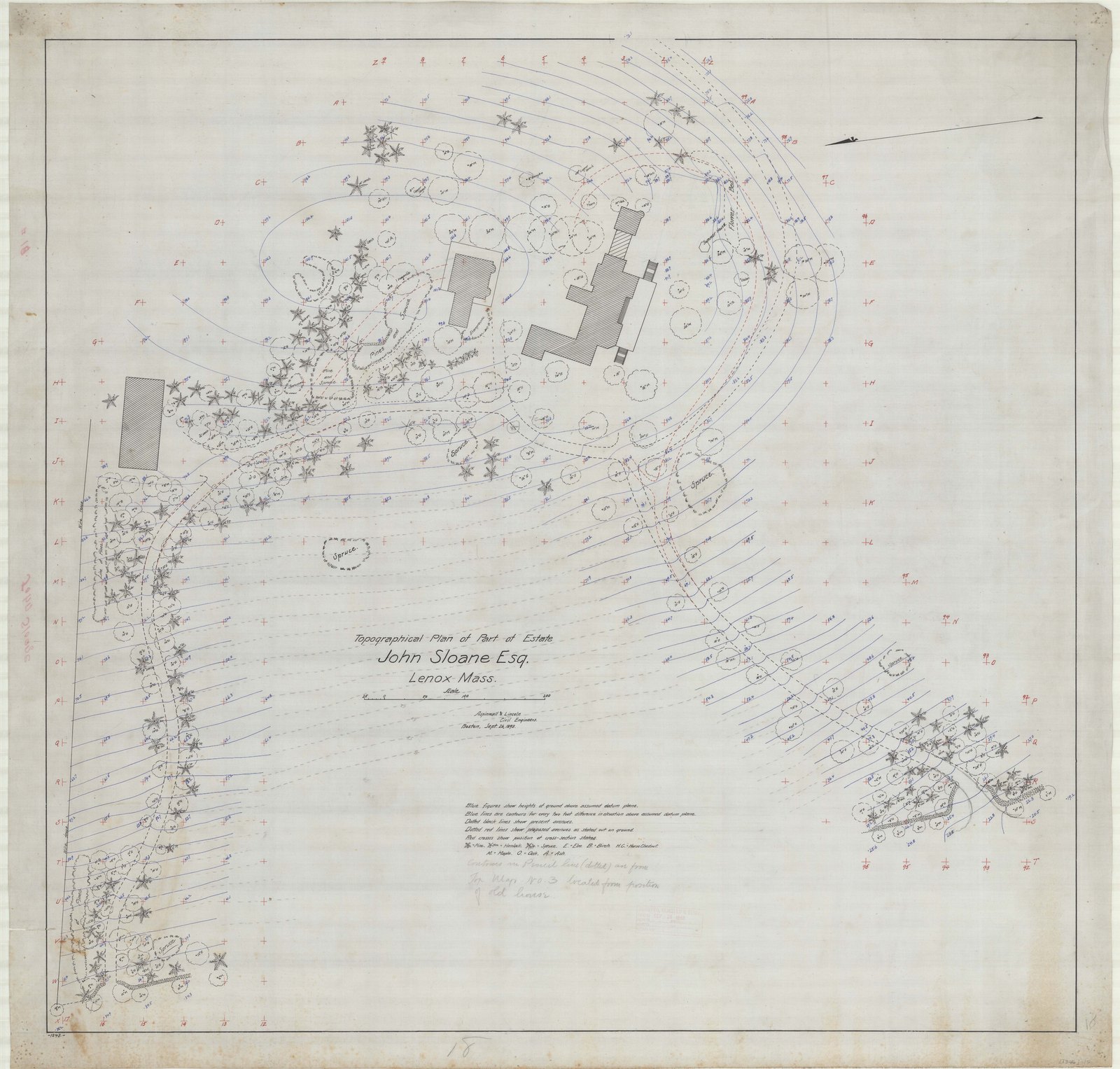 “Topographical Plan of Part of Estate of JOHN SLOANE ESQ. LENOX MASS.” by “Aspinwall & Lincoln, Civil Engineers, Boston, Sept. 26, 1893,” stamped “OLMSTED, OLMSTED & ELIOT REC’D SEP 28 1893.” The key reads: “Blue figures show heights of ground above assumed datum plane. Blue lines are contours for every two foot difference in elevation… Dotted black lines show present avenues. Dotted red lines show proposed avenues as staked out on ground. Red crosses show position of cross-section stakes,” with symbols for Pine, Hemlock, Spruce, and letters for Elm, Birch, Horse Chestnut, Maple, Oak and Ash. A pencil note adds that the dotted contours come from Top. Map No. 3, “located from position of old house.”
