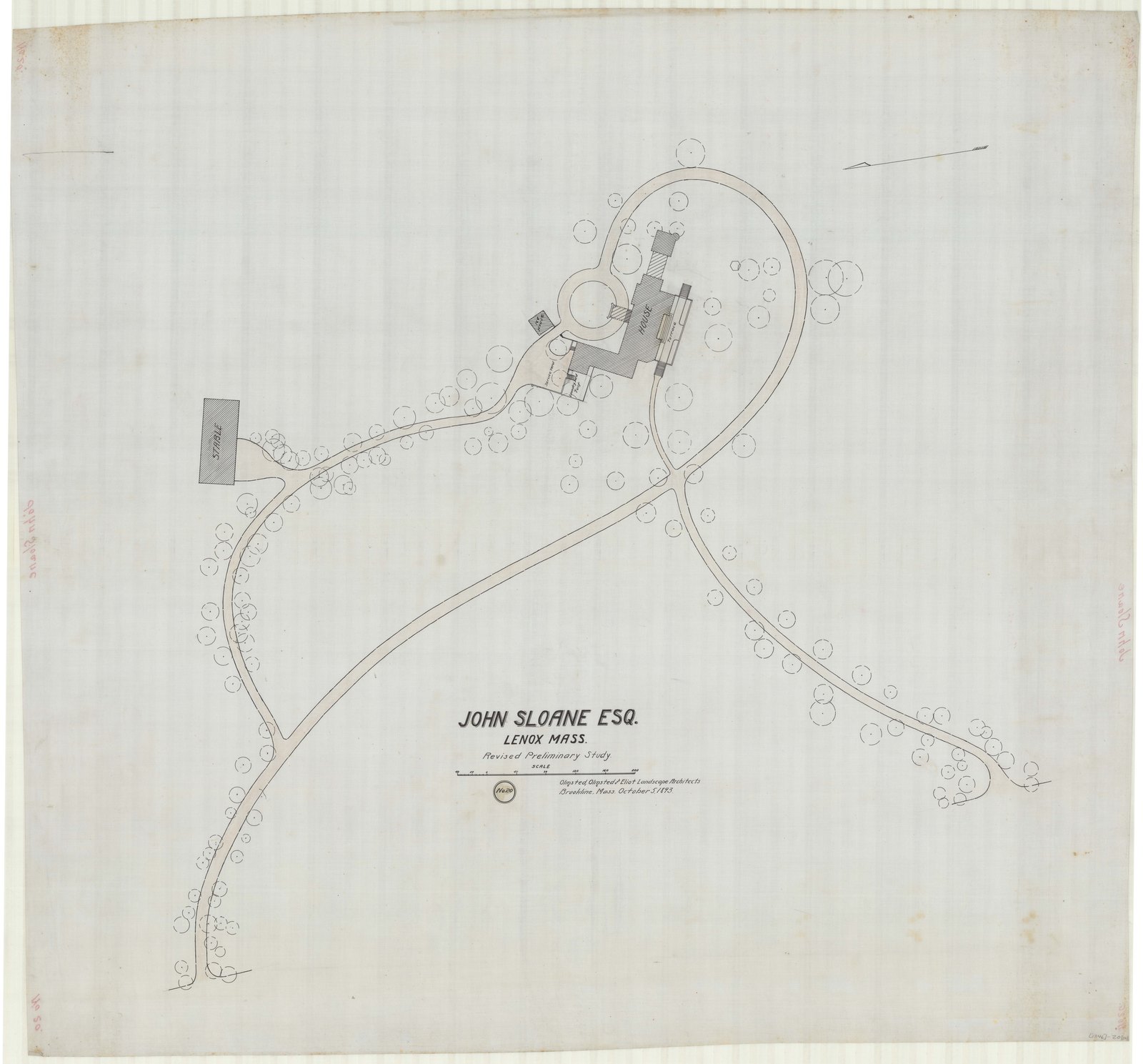 Plan 20, sheet 1: the drive and the ground about the house, drawn over a ruled grid. Olmsted job 01346.
