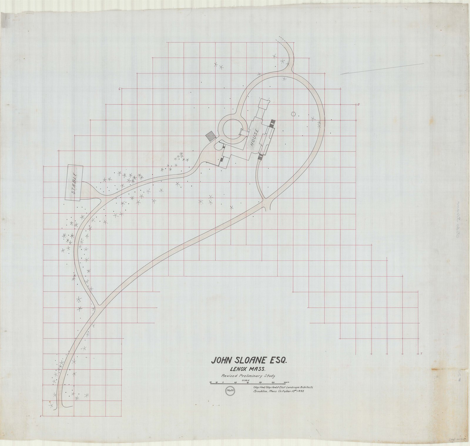 Plan 20, sheet 2: the same ground with the drive lines carried through in red. Olmsted job 01346.