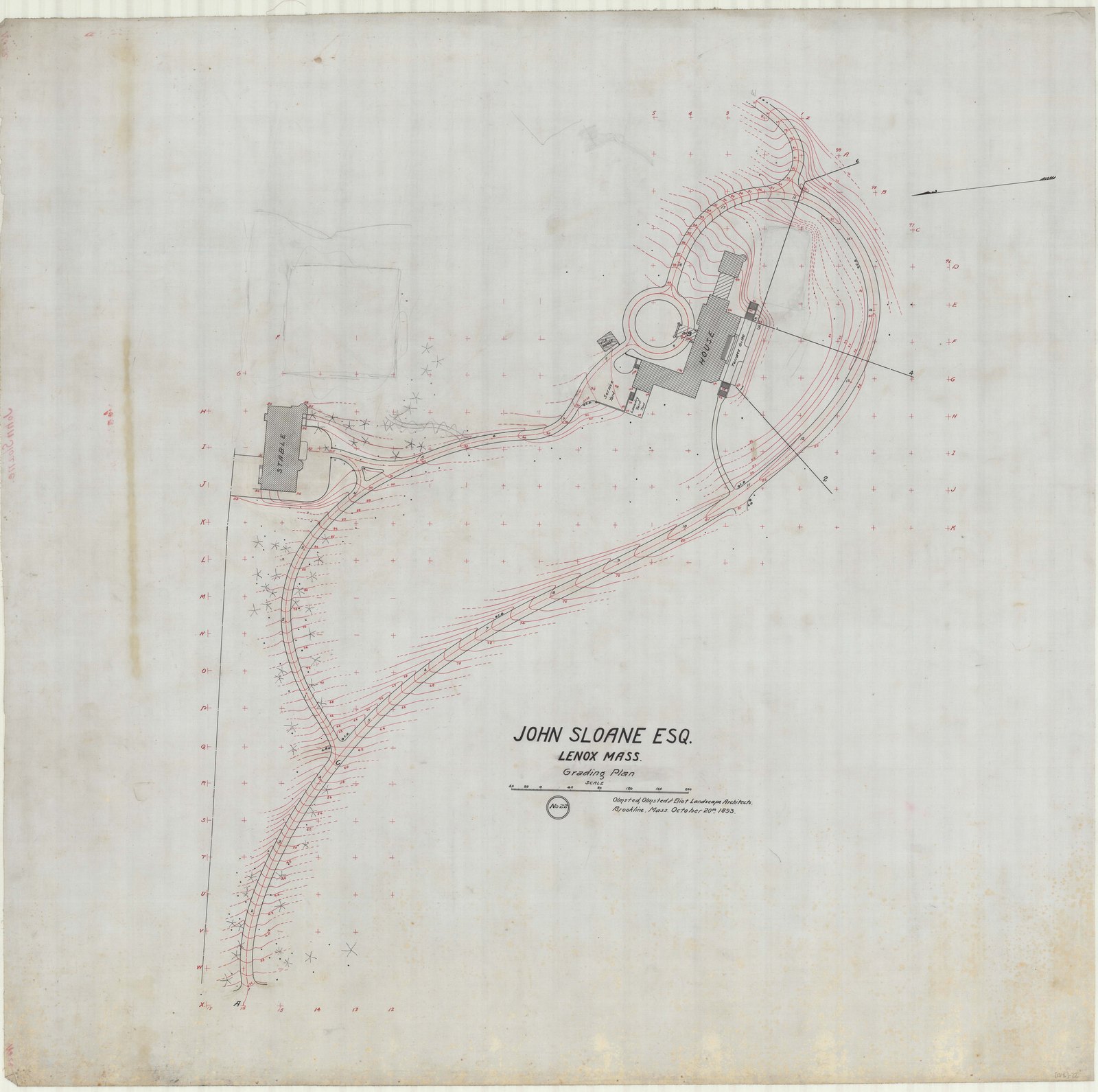 Study of the ground near the house, the contours in red over the survey. Olmsted job 01346, plan 22.