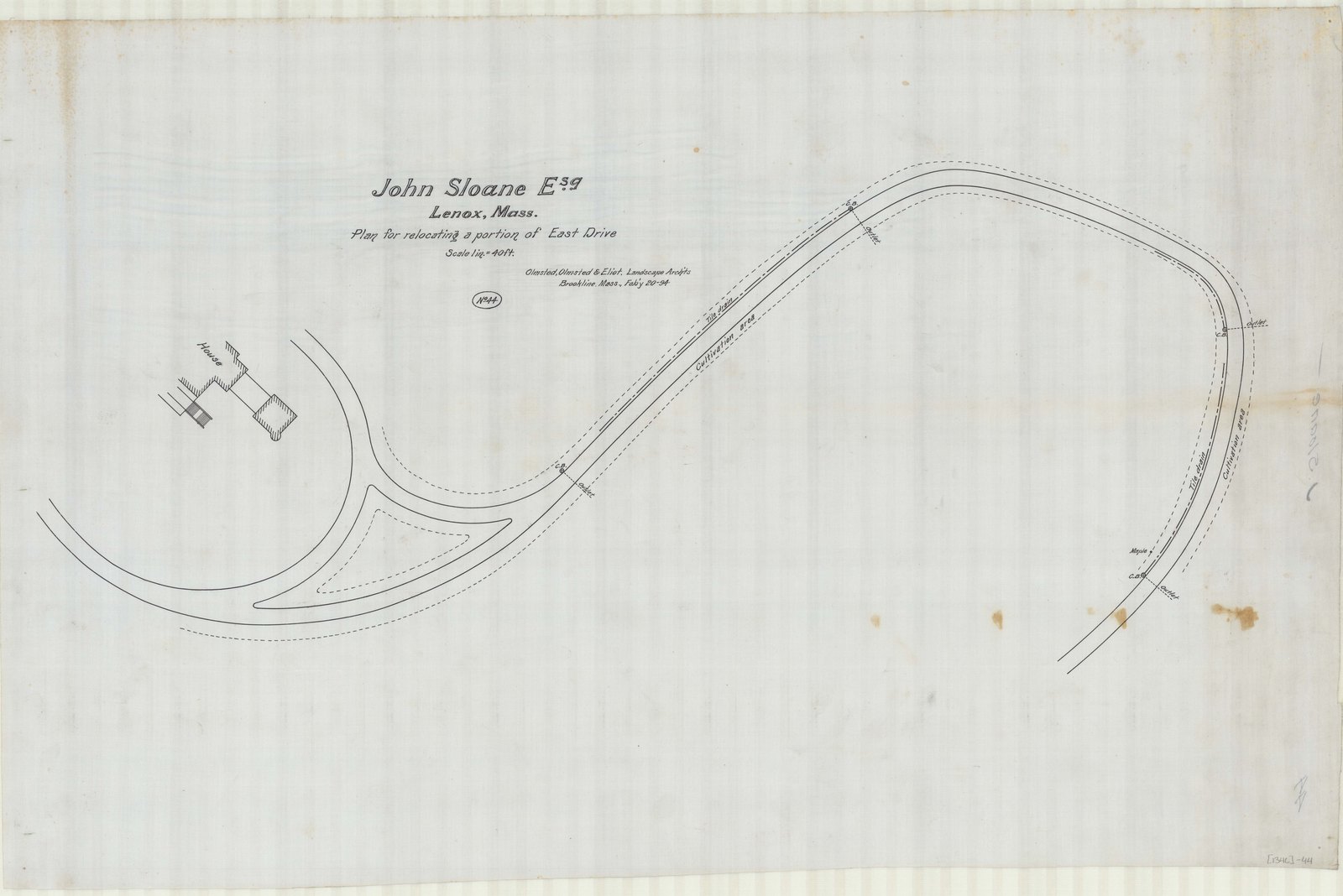 “John Sloane Esq. Lenox, Mass. Plan for relocating a portion of East Drive.” Scale 1 in. = 40 ft. Olmsted, Olmsted & Eliot, Feb’y 20–94. Tile drain and outlets marked.