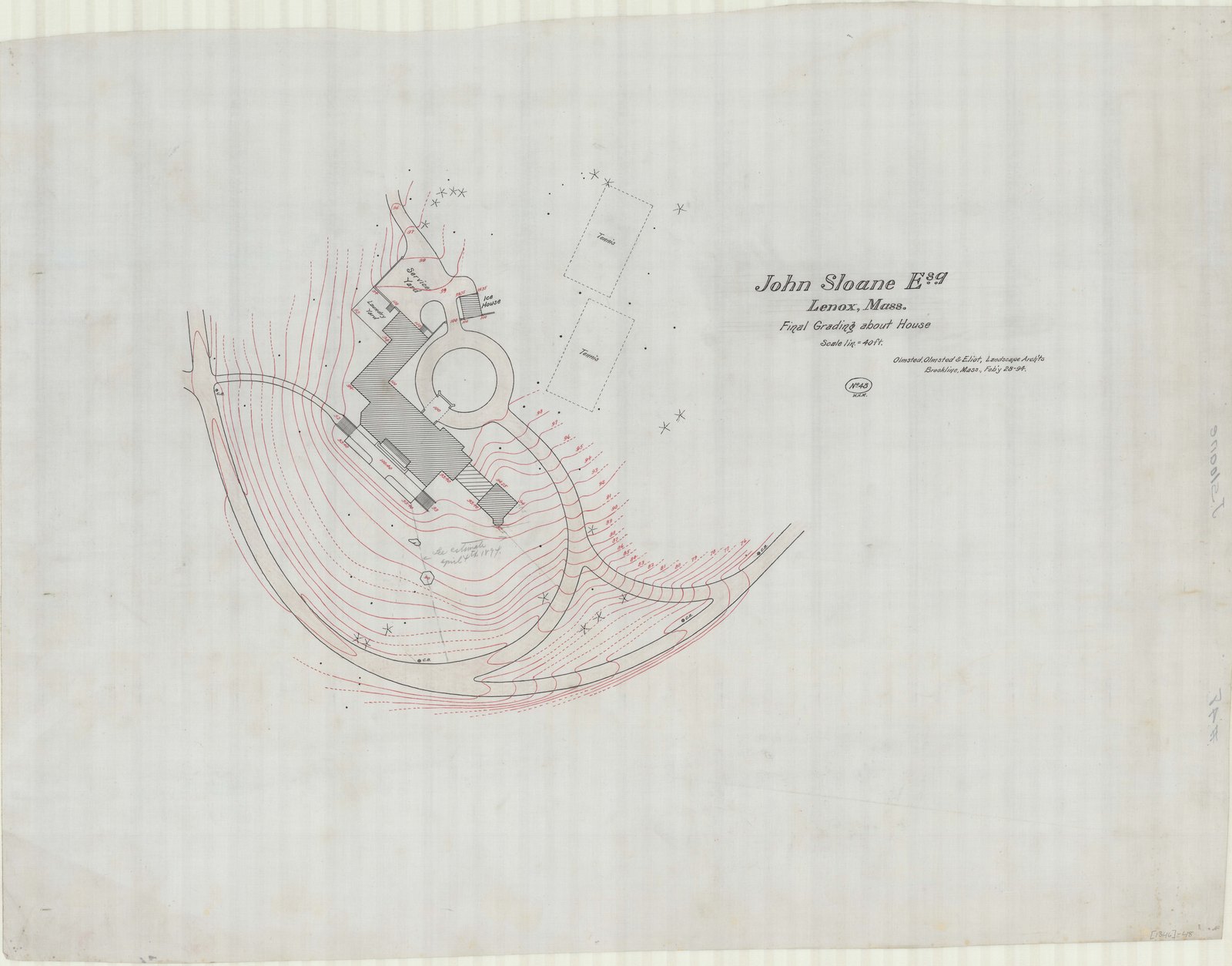 “John Sloane Esq. Lenox, Mass. Final Grading about House.” Scale 1 in. = 40 ft. Olmsted, Olmsted & Eliot, Landscape Archts, Brookline, Mass., Feb’y 28–94. Plan no. 48, initialled W.H.M.
