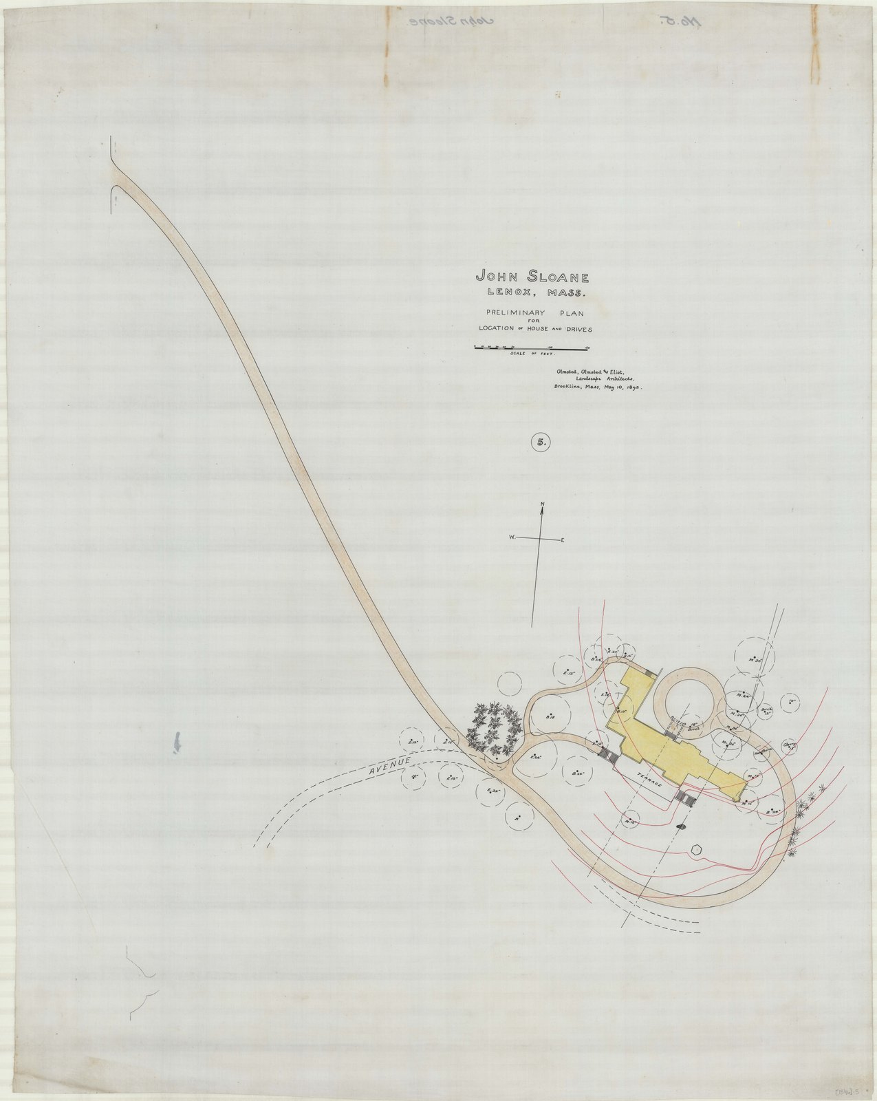Study of the drive and the ground west of the house, the drive washed in color. Olmsted job 01346, plan 5.