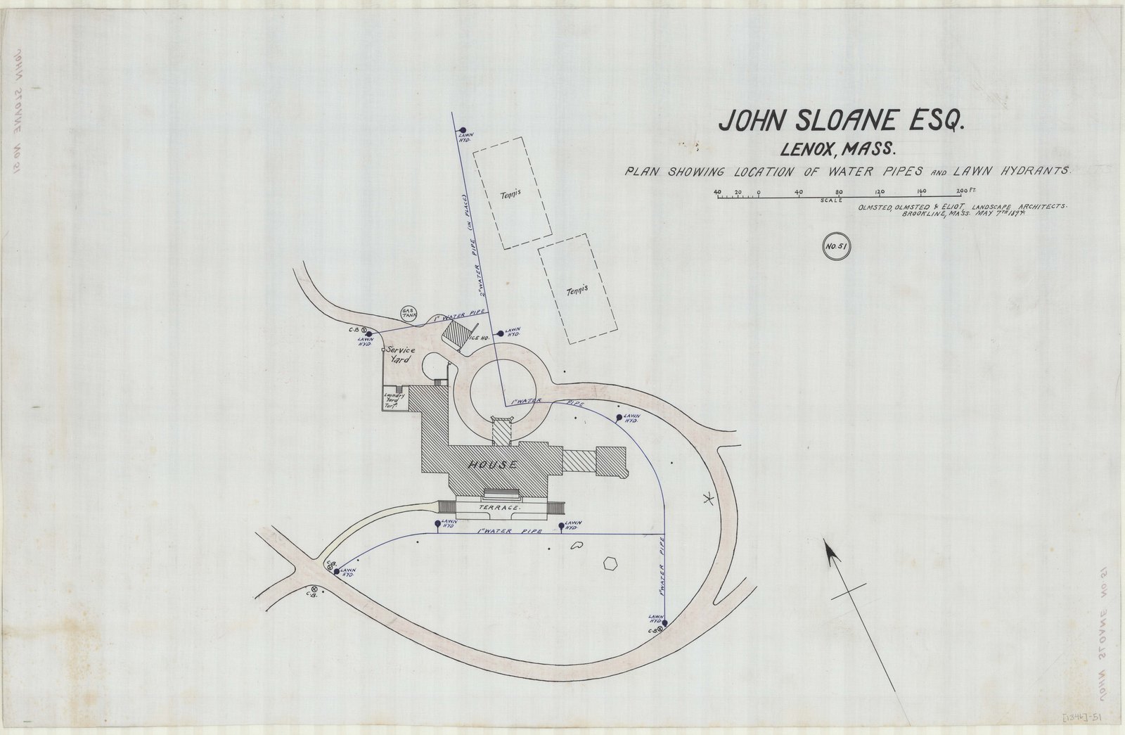“JOHN SLOANE ESQ. LENOX, MASS. PLAN SHOWING LOCATION OF WATER PIPES AND LAWN HYDRANTS.” Olmsted job 01346.