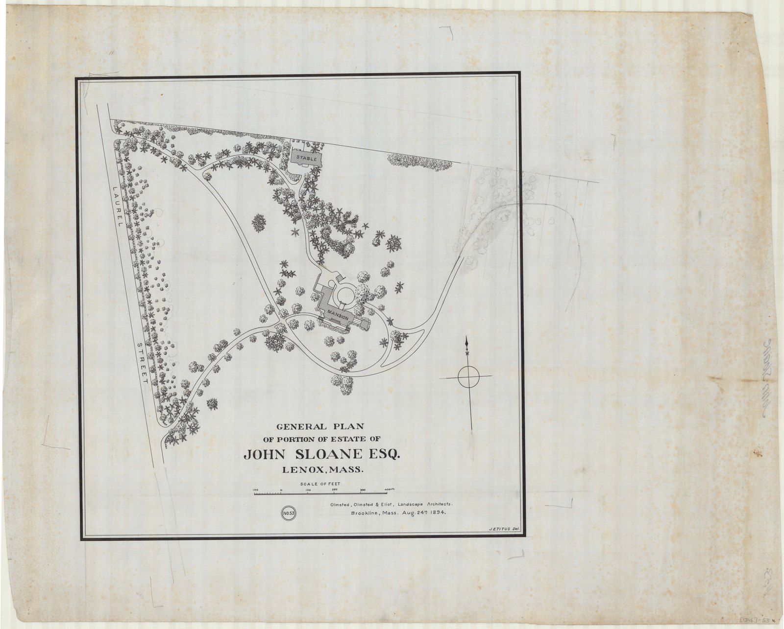 “GENERAL PLAN OF A PORTION OF ESTATE OF JOHN SLOANE ESQ. LENOX, MASS.” Olmsted, Olmsted & Eliot, Landscape Architects, Brookline, Mass. Aug. 24th 1894. Plan no. 53. “J.E.TITUS Del.”