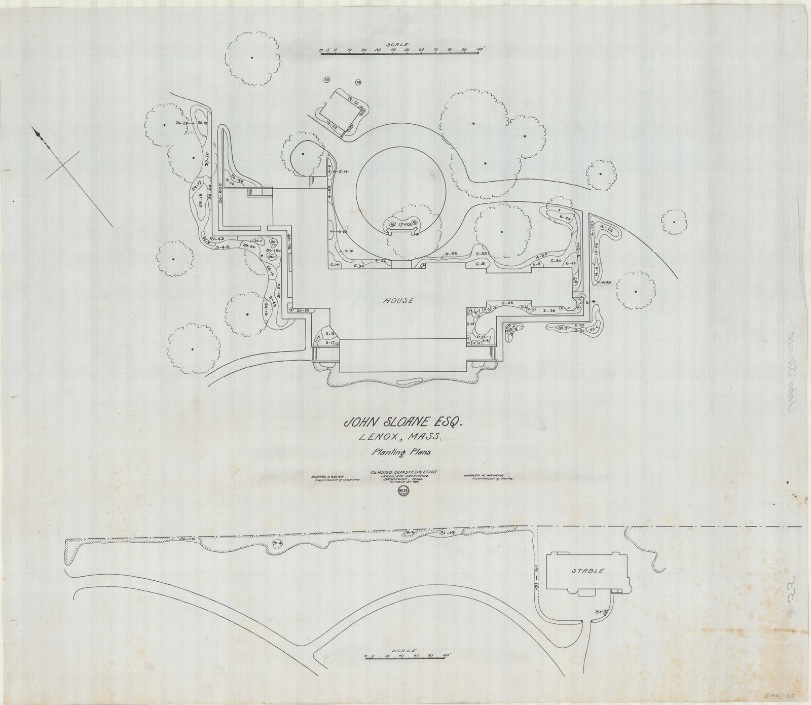 “JOHN SLOANE ESQ. LENOX, MASS. Planting Plans.” Olmsted, Olmsted & Eliot, Landscape Architects, Brookline, Mass., October 12th 1894, plan no. 55 — with “EDWARD D. BOLTON, Superintendent of Construction” on the left and “WARREN H. MANNING, Superintendent of Planting” on the right. The stable is marked.