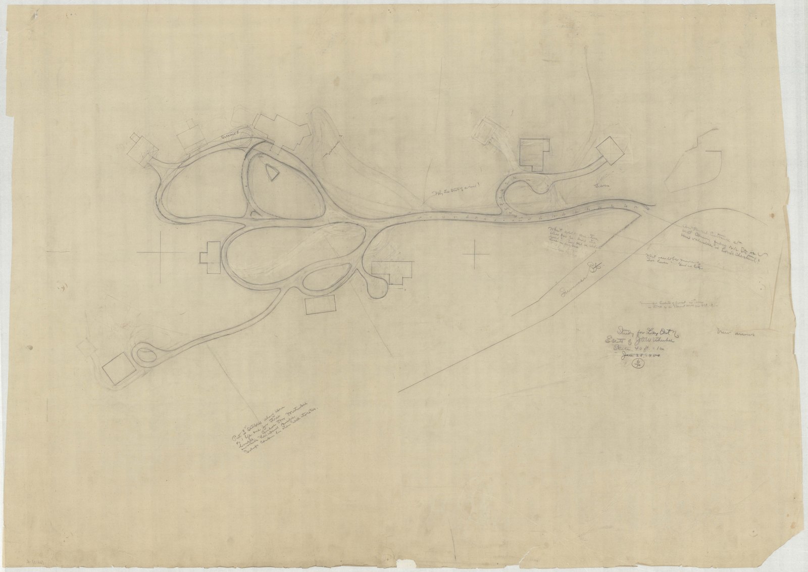 Sketch study of the drives, in pencil, carrying a written note along the top edge. Olmsted job 01346, plan 6.
