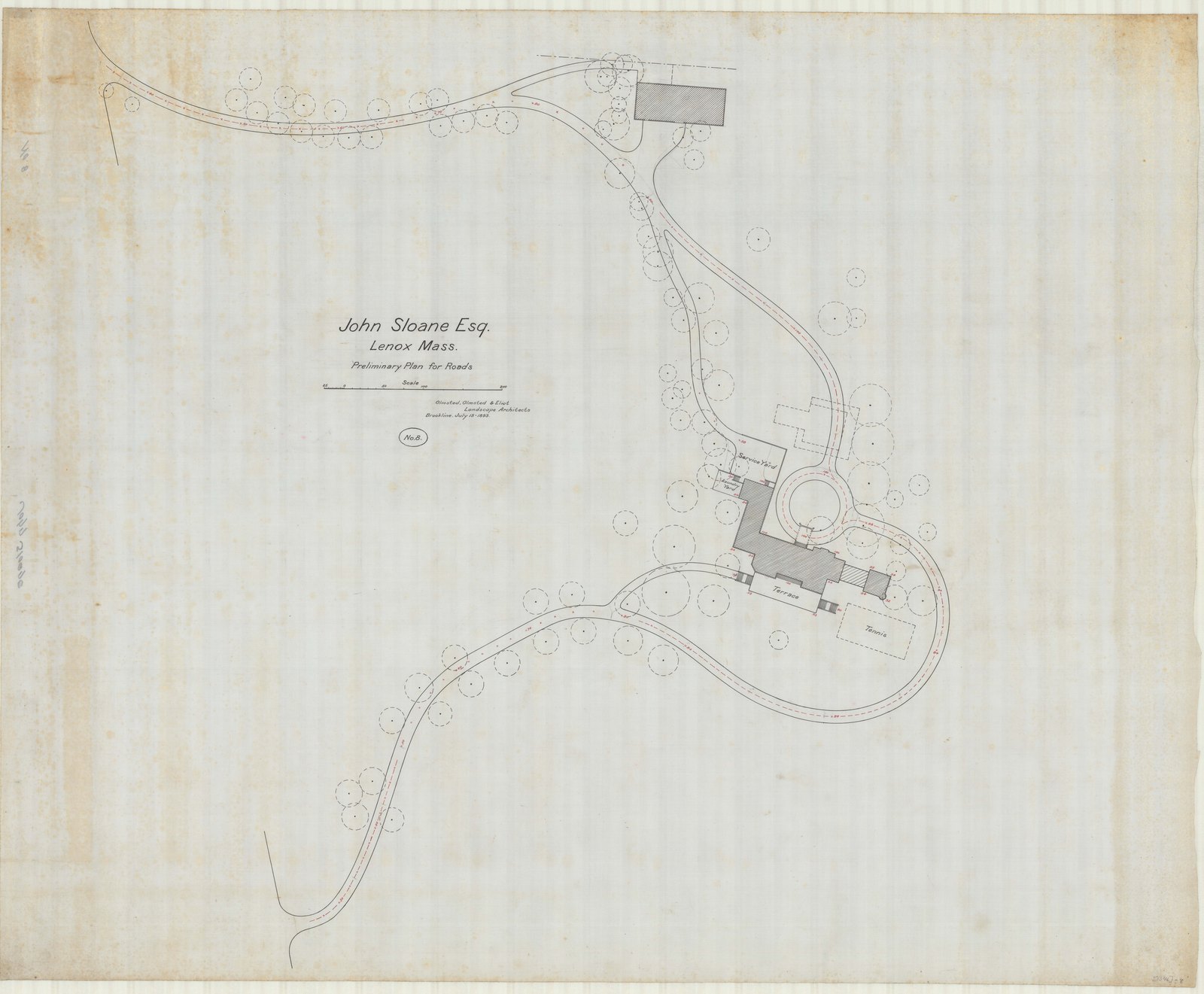 “John Sloane Esq. Lenox Mass. Preliminary Plan for Roads.” Olmsted, Olmsted & Eliot, Landscape Architects, Brookline, July 15–1893. Plan no. 8.