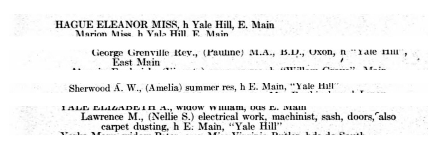 Four entries, four pages apart, from the Stockbridge alphabetical section: Hague at “Yale Hill, E. Main” with no quotation marks; Merrill at “Yale Hill”, East Main, in quotation marks, in the position the book keeps for a house name; Sherwood at “E. Main, “Yale Hill””; and Yale at “E. Main, “Yale Hill.”” Printed pages 284, 290, 295 and 300.