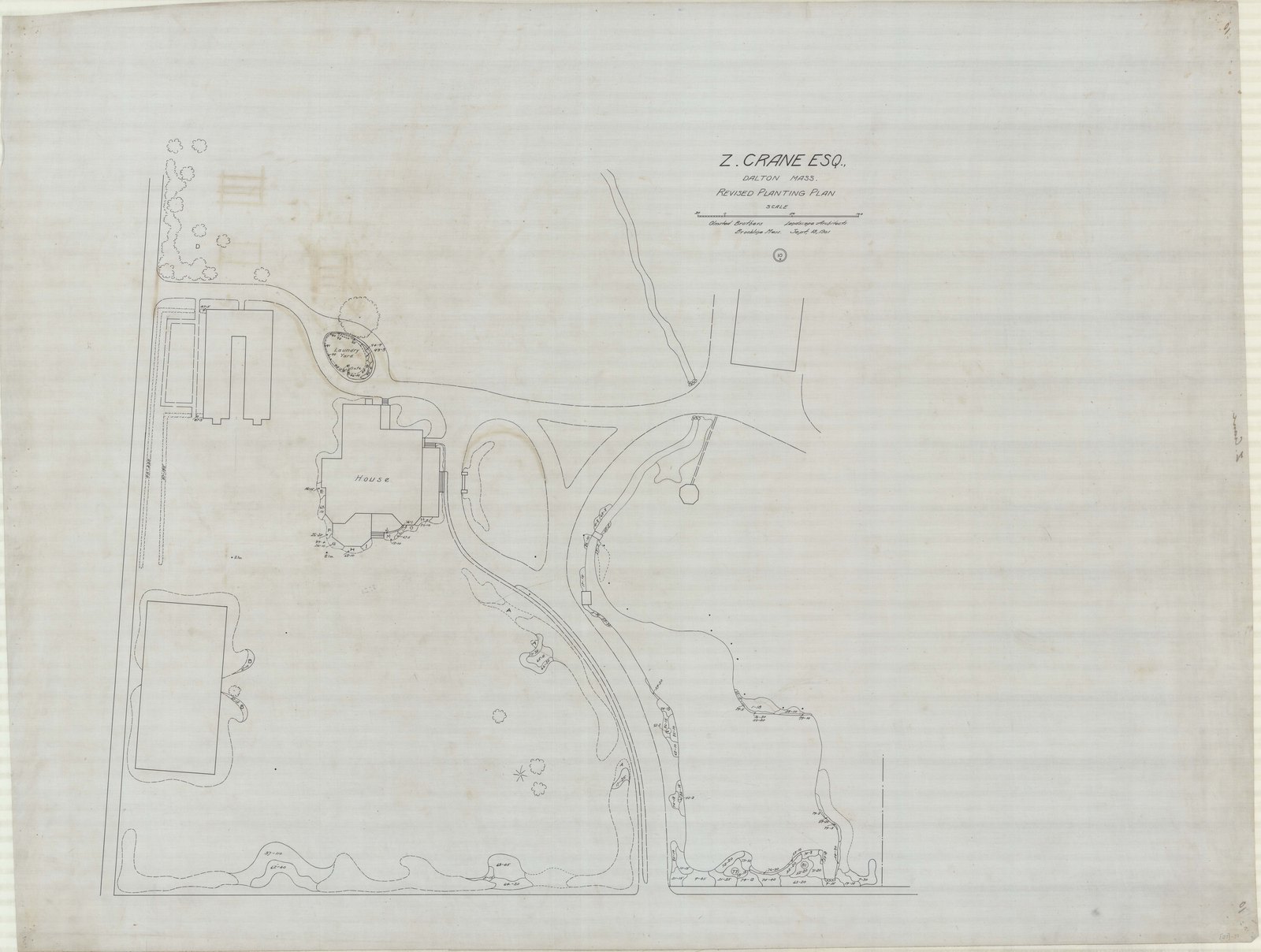 Plan 10, 18 September 1901. “Z. CRANE, ESQ.; DALTON, MA.; REVISED PLANTING PLAN; SCALE 20’=1” LINEAR.” Sheet 35¾ by 46⅝ inches. Inventory note: “OBLA; COPY OF 9.”
