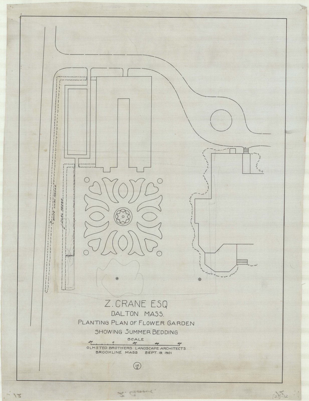 Plan 12, 19 September 1901. “Z. CRANE, ESQ.; DALTON, MA.; PLANTING PLAN OF FLOWER GARDEN; SHOWING SUMMER BEDDING.”