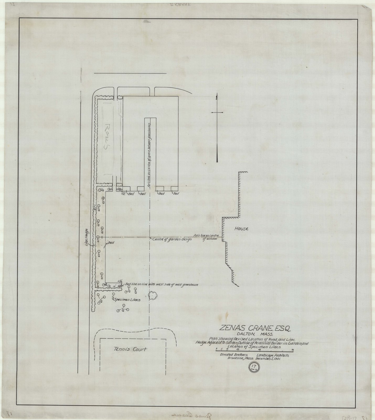 Plan 17, 5 September 1901. “ZENAS CRANE, ESQ.; DALTON, MA.; PLAN SHOWING REVISED LOCATION OF ROAD AND LILAC/HEDGE ADJACENT TO GARDEN, OUTLINE OF PERENNIAL BORDER IN GARDEN, AND LOCATION OF SPECIMEN LILACS.” Inventory note: “OBLA; COPY OF 16.”