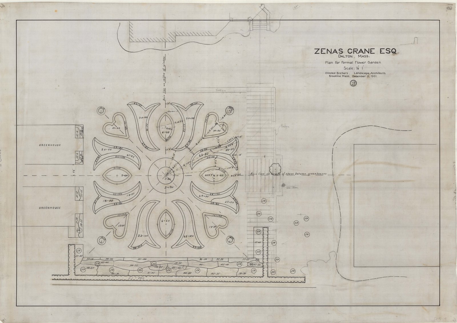 Plan 19, 11 December 1901. “ZENAS CRANE, ESQ.; DALTON, MA.; PLAN FOR FLOWER GARDEN; SCALE 1/8” = 1’.” Inventory note: “OBLA; REVISION OF 15.”