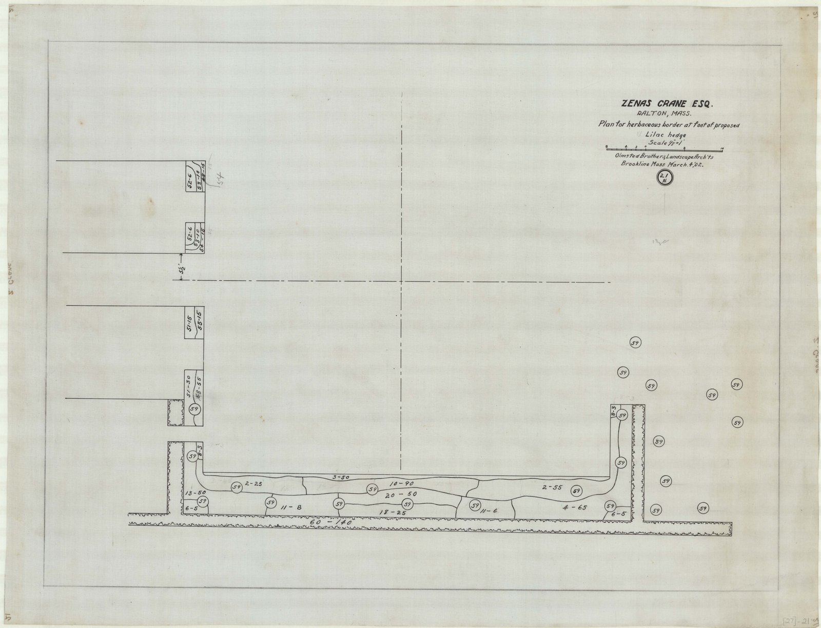Plan 21, 4 March 1902. “ZENAS CRANE, ESQ.; DALTON, MA.; PLAN FOR HERBACEOUS BORDER AT FOOT OF PROPOSED LILAC HEDGE; SCALE 1/8”=1’.” Inventory note: “OBLA; FOR COPY SEE NO. 22.”
